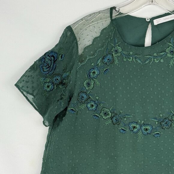 Zara Trafaluc Blouse Small Green Embroidered Ruffle Peplum Top Short Sleeves - Picture 11 of 16